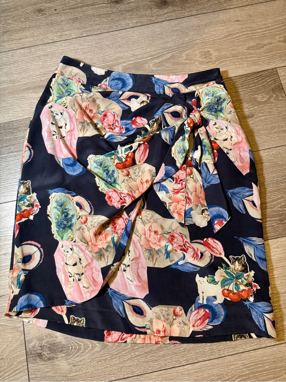 Rebekah Maysles x Anthropologie Whimsical Navy Silk Wrap Skirt Size 6